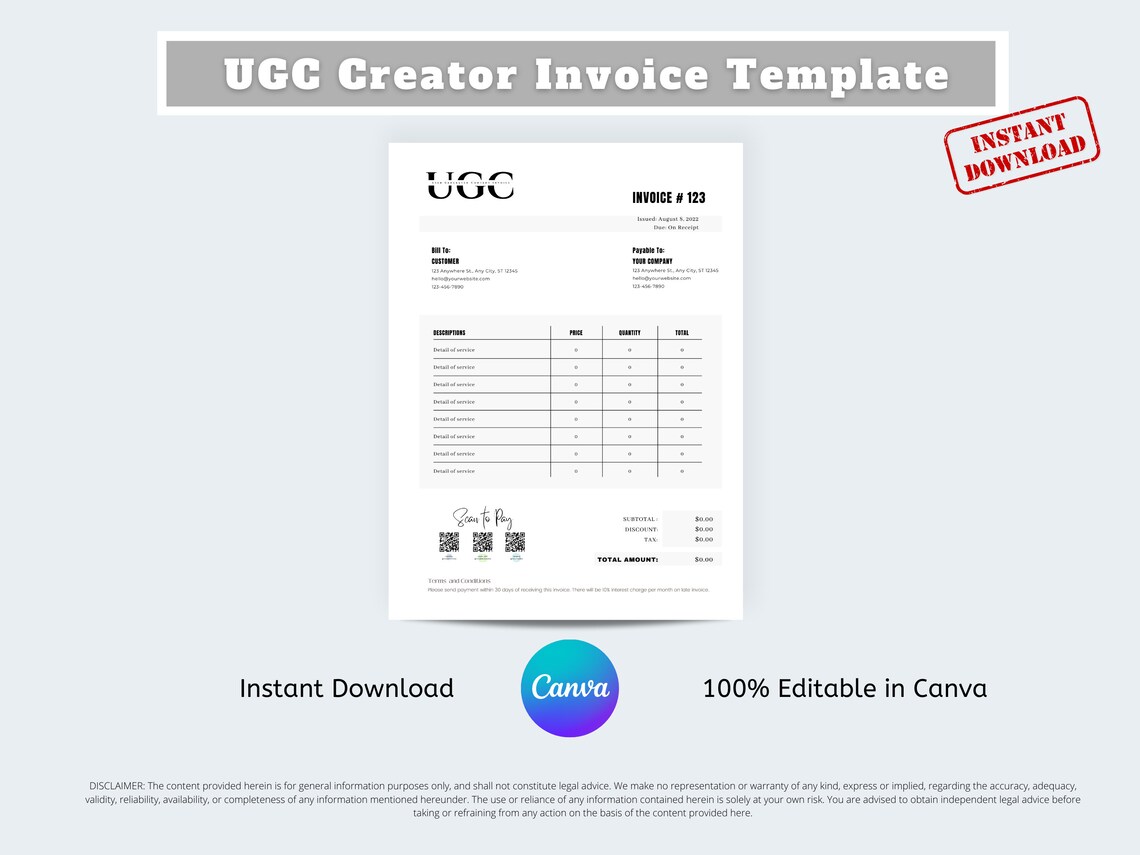 Invoice for Influencer, Invoice Template, UGC Creator, UGC, Invoice for ...