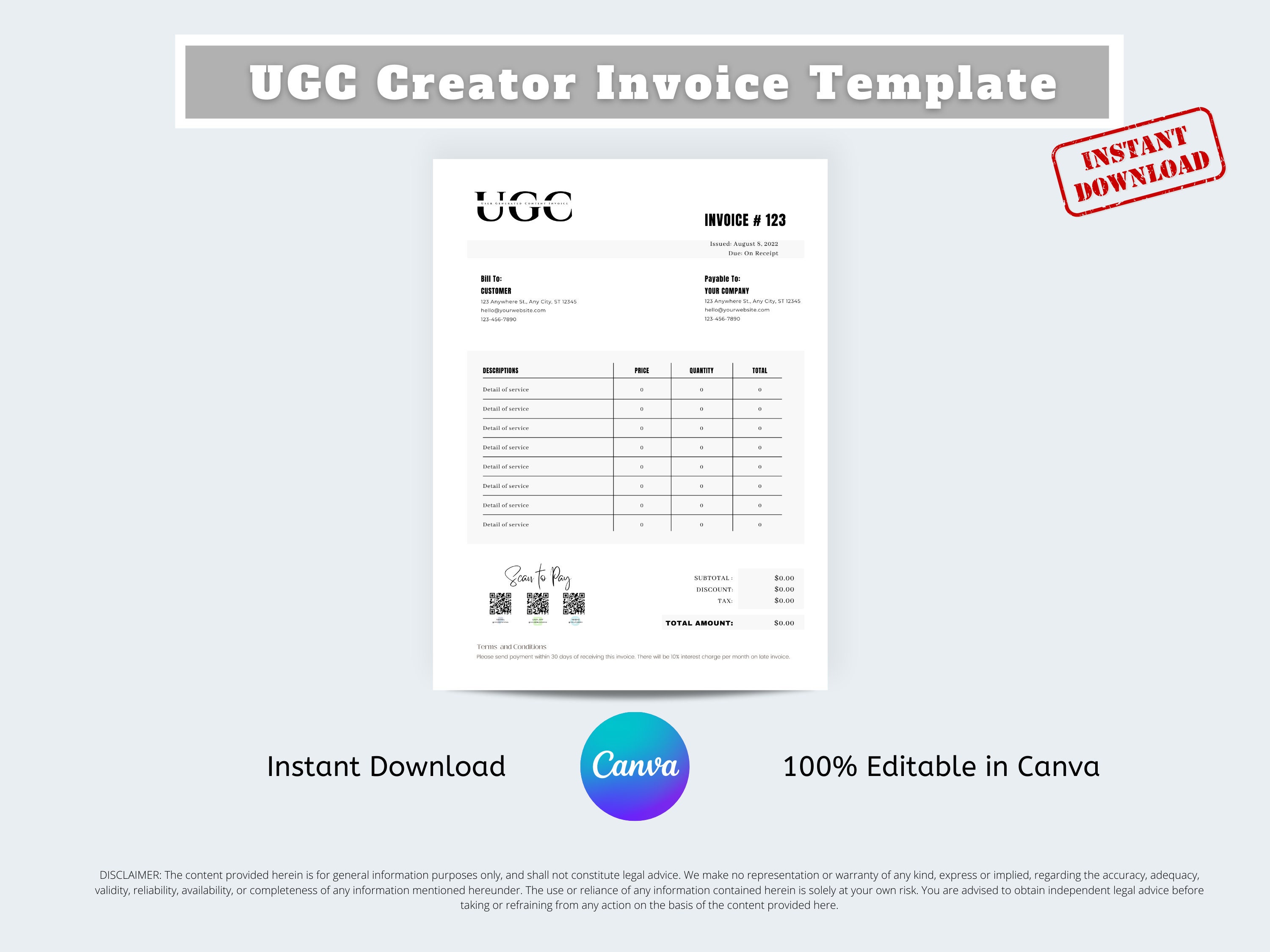 Invoice for Influencer, Invoice Template, UGC Creator, UGC, Invoice for ...