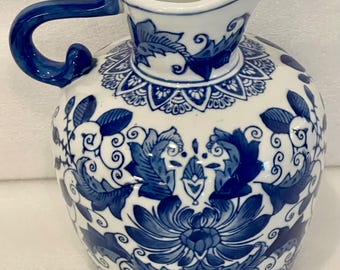 ヴィンテージ 蓮の花 シノワズリ 中国陶器 花瓶 9インチ ブルー