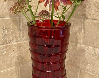 Ruby Red Asymmetrical Rippled Glass Vase 9” Tall