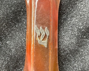 Vintage Mezuzah Heavy Coral Glass With Engraved Metal Trim Jerusalem Scene 5.25”