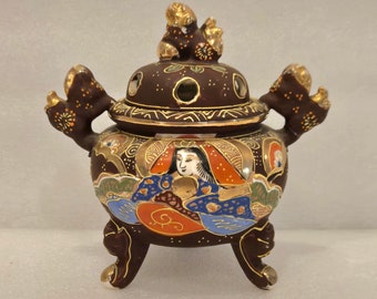 Vintage Hand Painted Satsuma Porcelain Incense Burner 5" Footed Made In Japan