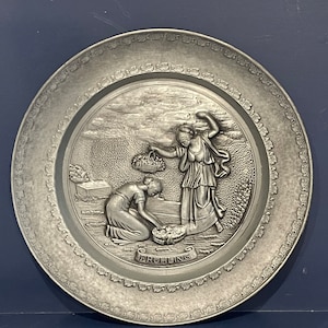 Vintage Metal Decor Plate German Maidens Depicting Fruhling “Springtime” 7.5”