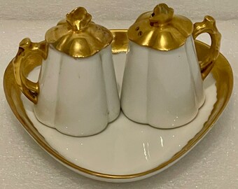 Delicate Porcelain Salt Pepper Set W/ Tray White Gold Trim Signed