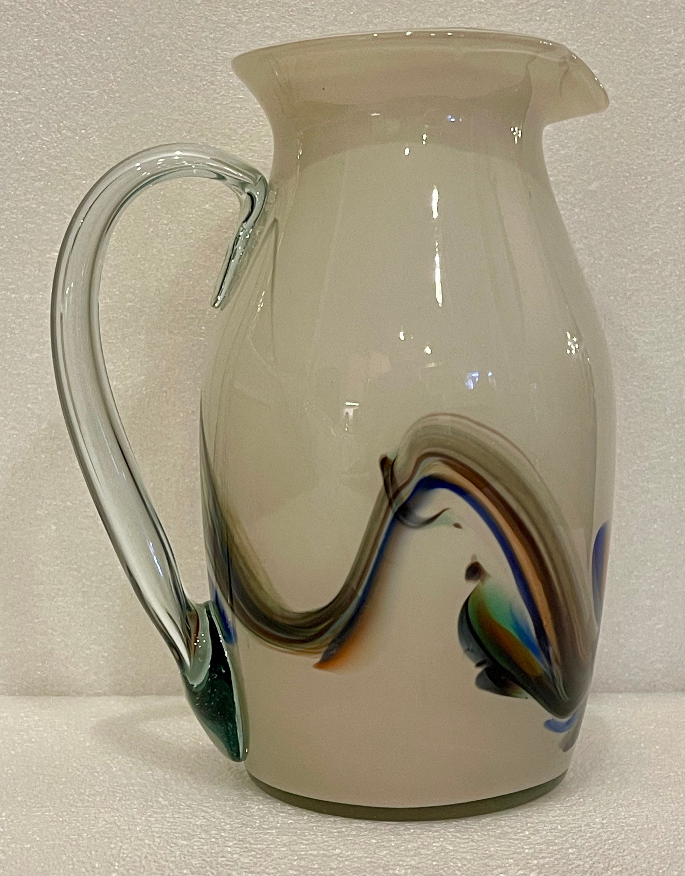 Vintage Hand Blown Quart Glass Pitcher Art Multi Swirl Clear Handel