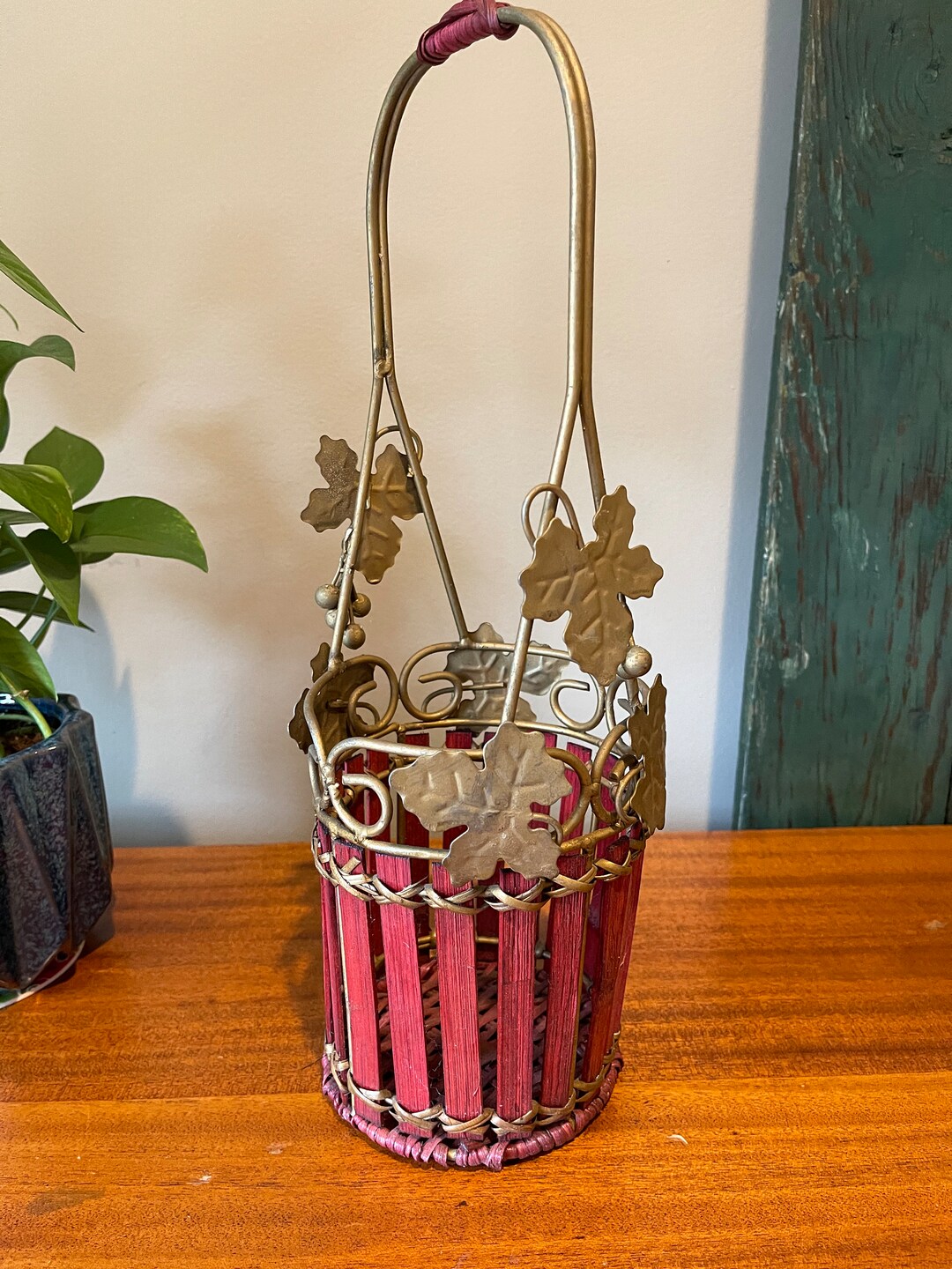 Rustic Wooden & Metal Wine Carrier Cottage Picnic Basket Grape Vine ...