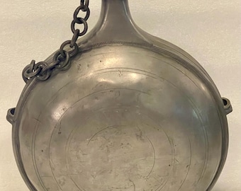 19th C. Pewter Pilgrim Flask, Canteen with Chain and Screw On Lid European