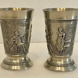 Two Frieling Zinn Pewter Cups Western Germany  4” Mug Goblet Ornate 95% Pewter