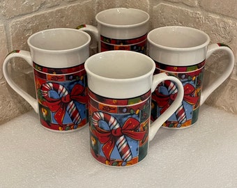 Royal Norfolk Candy Cane Holiday Christmas Mugs Set Of 4