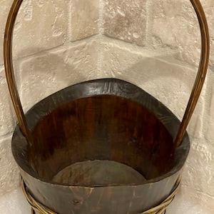 Lovely Small Solid Carved Wood Basket & Bent Wood Handle Braided Trim Hand Made