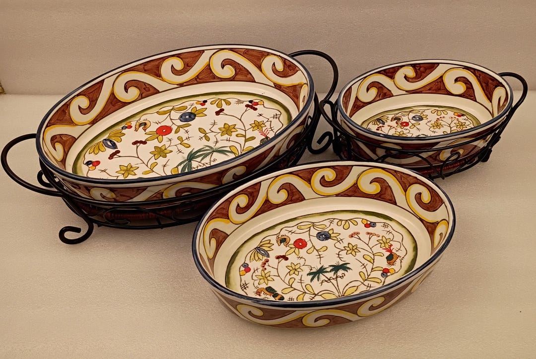 Tara Temp-tations Ovenware 3 Pc Oval Baker Set W/ 2 Metal Stands Floral ...