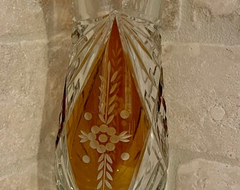 Vintage Cut Crystal Clear & Golden Topaz Pedestal Bud Vase Bohemian 9” Tall