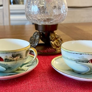 Vintage Nippon Delicate Bone China Cups & Saucers Hand Painted Set Of 2
