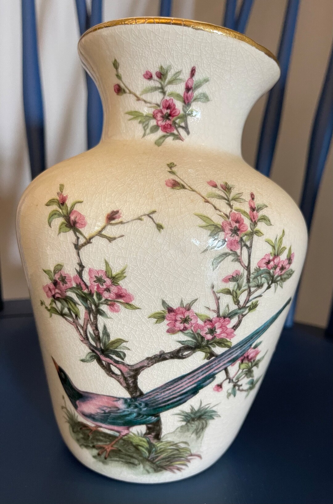 Vintage Porcelain Vase With Bird & Flowering Bush/tree 8” Tall - Etsy