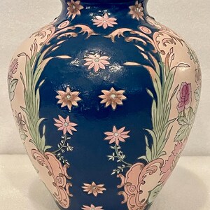 ヴィンテージ 蓮の花 シノワズリ 中国陶器 花瓶 9インチ ブルー