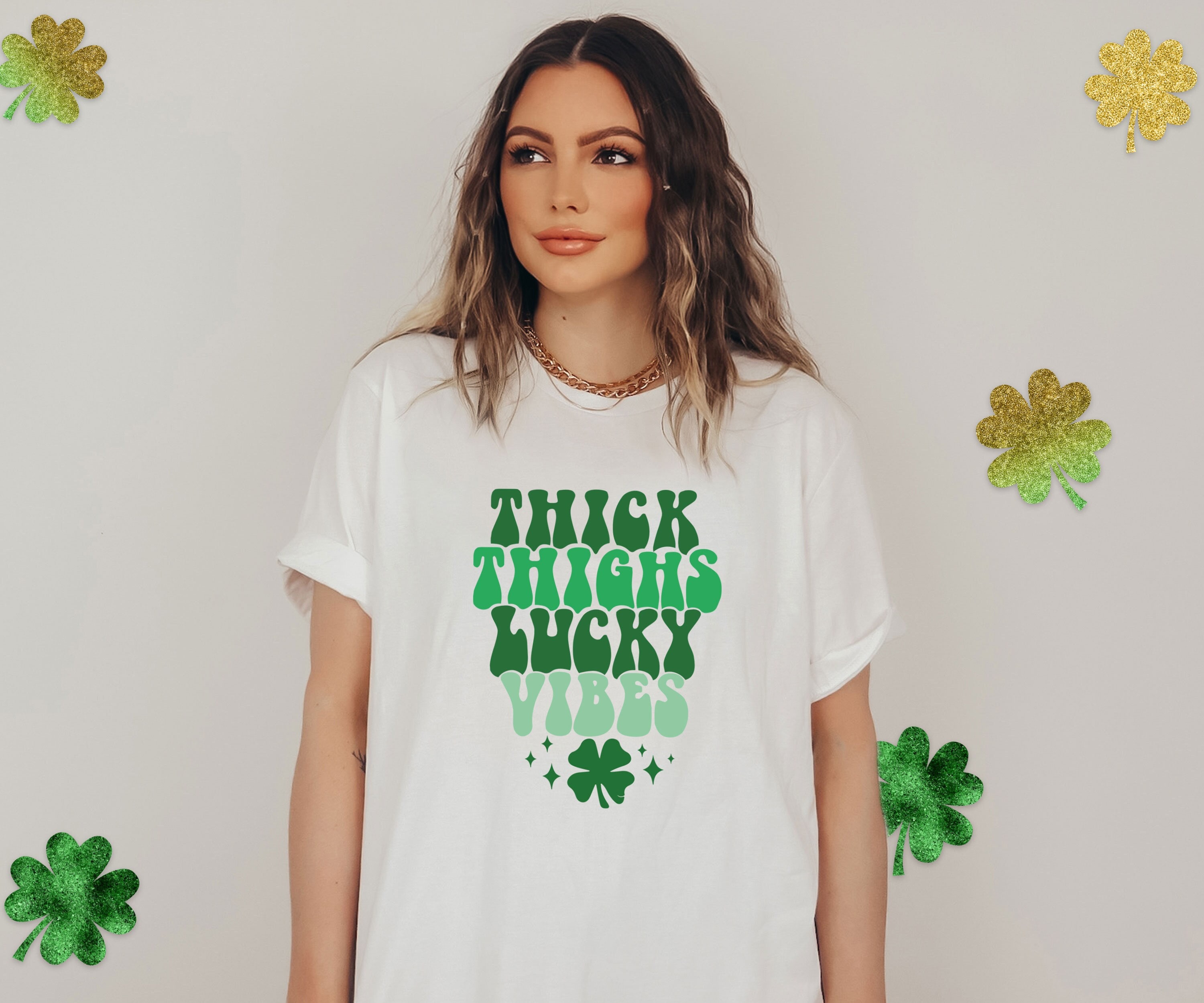 Discover Thick Thighs Lucky Vibes T-Shirt, Women's Lucky Shirt, Retro St Patrick's Day