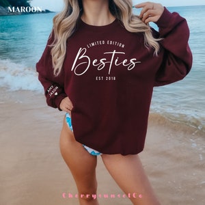 Custom Besties Sweatshirt with Name, Best Friend Girls Sweatshirt, Best Friend Birthday Shirt, BFF Crewneck, Matching Sweatshirt for Friends Maroon