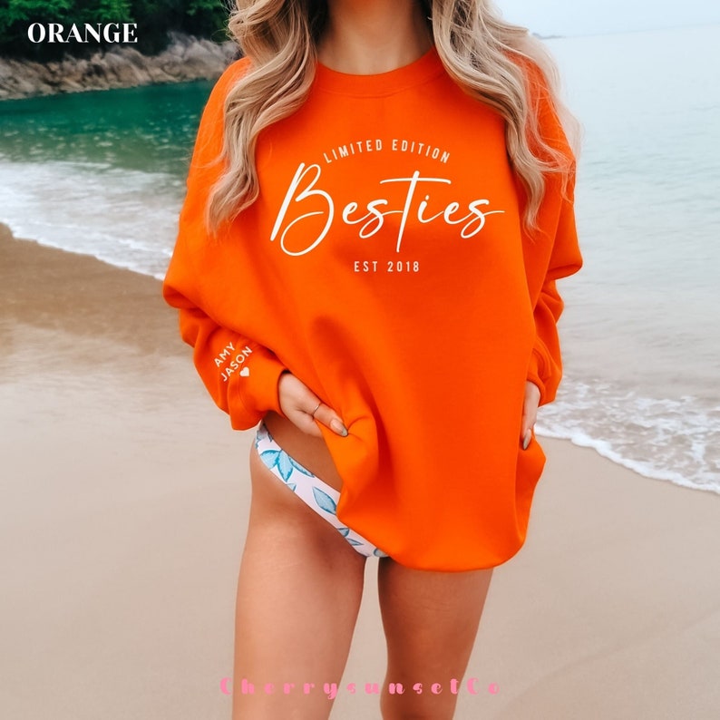 Custom Besties Sweatshirt with Name, Best Friend Girls Sweatshirt, Best Friend Birthday Shirt, BFF Crewneck, Matching Sweatshirt for Friends Orange