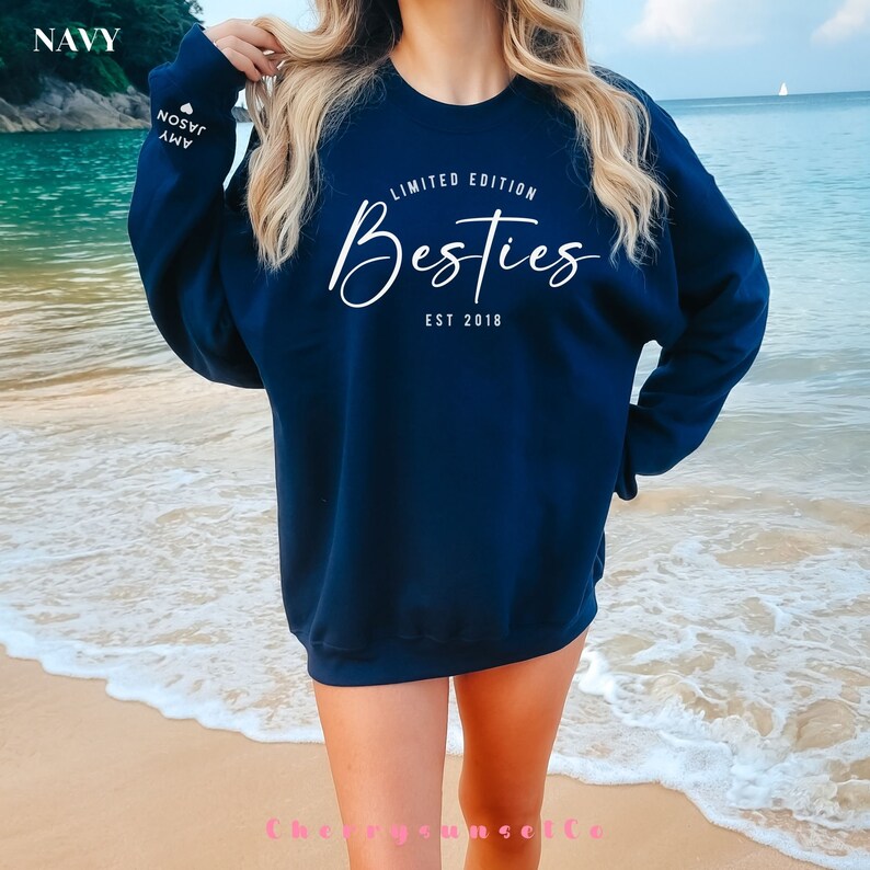 Custom Besties Sweatshirt with Name, Best Friend Girls Sweatshirt, Best Friend Birthday Shirt, BFF Crewneck, Matching Sweatshirt for Friends Navy