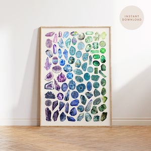 Printable Blue And Green Watercolor Gemstone Print, Minerals & Crystal Poster, Geology Poster, Mineralogy, Rock Poster, Maximalist Wall Art