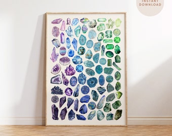 Impresión de piedras preciosas de acuarela azul y verde imprimible, minerales y cartel de cristal, cartel de geología, mineralogía, cartel de roca, arte de pared maximalista