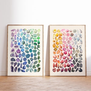 Digital Download Watercolor Gemstone Print, Set of 2 Prints, Minerals & Crystal Poster, Geology Poster, Mineralogy, Rock Poster, Maximalist