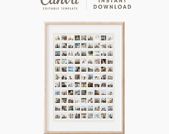 May include: A framed print featuring a grid of small square photographs. The frame is light wood, and the print includes the text "Canva EDITABLE TEMPLATE" and "INSTANT DOWNLOAD". The photos appear to be of various people and scenes.