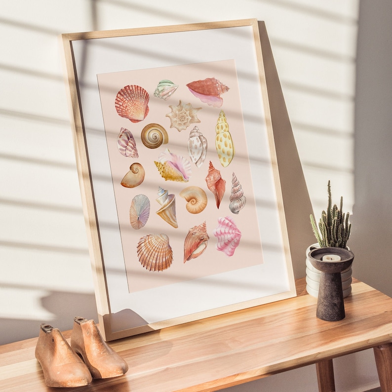 Watercolor Seashell Digital Art Print Illustration, Printable Wall Art Décor, Nautical Home Décor, Shells Poster,Ocean Beach Artwork image 5