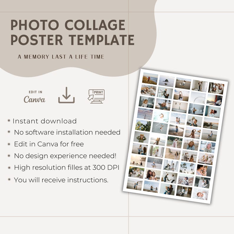 Op de afbeelding: Een beige postersjabloon met de tekst "PHOTO COLLAGE POSTER TEMPLATE" en "A MEMORY LAST A LIFE TIME." Bevat een collage van foto's en Canva-bewerkingsinstructies. Bevat een lijst met voordelen.