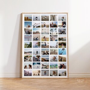 May include: A wooden framed print displaying a grid of 42 photographs. The images show outdoor scenes, such as people at the beach, couples, and individuals enjoying leisure activities. The frame is a light wood colour.