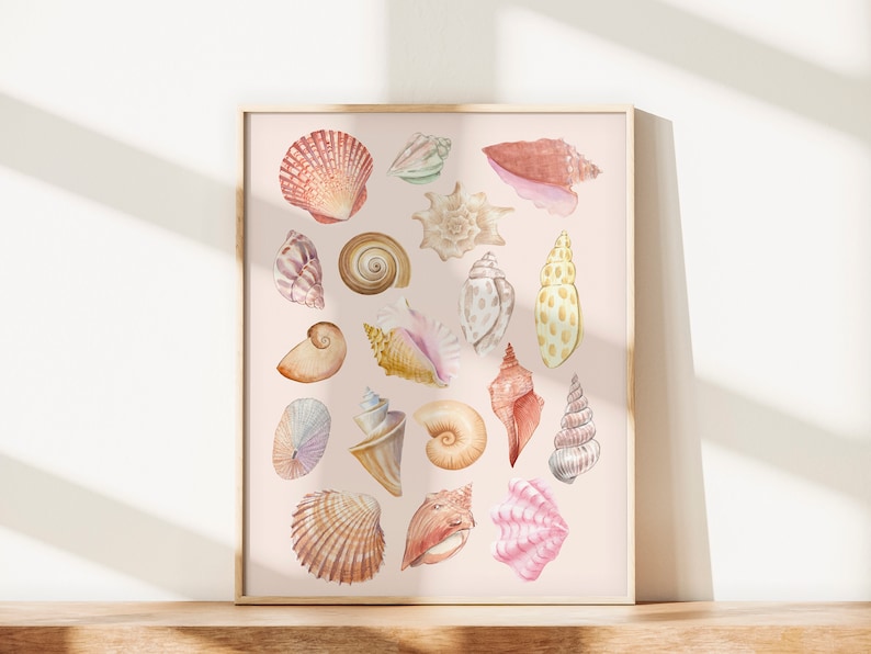 Watercolor Seashell Digital Art Print Illustration, Printable Wall Art Décor, Nautical Home Décor, Shells Poster,Ocean Beach Artwork image 6