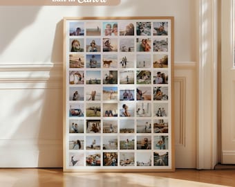 May include: A rectangular photo collage print framed in light wood, featuring a grid of fifty-four square photographs depicting various outdoor scenes, people, and landscapes, with the text Edit in Canva displayed at the top left corner.