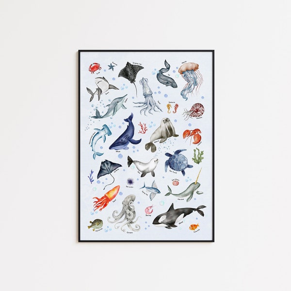 Sea Animals Poster, Ocean Animals Wall Décor, Marine Animals Print Digital Download, Home Wall Art Printable Illustration, Sea Creatures