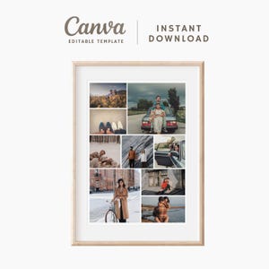Op de afbeelding: Een ingelijste fotocollage met negen afbeeldingen, met verschillende buitenscènes en mensen. De lijst is van licht hout. Tekst bovenaan luidt "Canva Editable Template" en "Instant Download."
