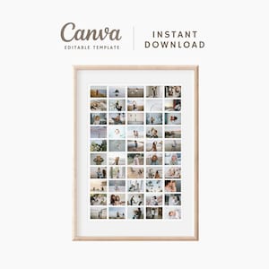 Puede incluir: Un collage enmarcado de 42 fotografías pequeñas, dispuestas en forma de cuadrícula. El marco es de madera clara y las fotos están en una variedad de entornos. El texto "Canva Editable Template" y "Instant Download" está en la parte superior.