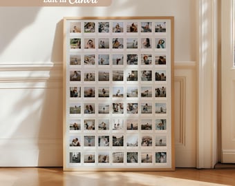 May include: A large rectangular wall frame containing a grid of fifty-four square photo prints with white borders. The frame has a light wood finish. The prints feature various outdoor and indoor scenes, including people, landscapes, and candid moments.