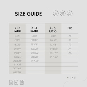 Op de afbeelding: Een witte maattabel met afdrukverhoudingen en afmetingen in inches. De tabel bevat 2:3, 3:4, 4:5 verhoudingen en ISO-maten. De tekst "SIZE GUIDE" staat bovenaan.