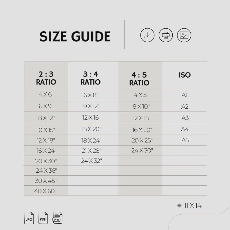 Op de afbeelding: Een witte maattabel met afdrukverhoudingen en afmetingen in inches. De tabel bevat 2:3, 3:4, 4:5 verhoudingen en ISO-maten. De tekst "SIZE GUIDE" staat bovenaan.