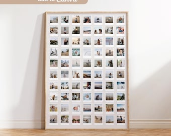 May include: A large rectangular collage poster featuring a grid of sixty small square photographs with white borders, displayed within a light wood frame. The top left corner contains a tan banner with the white text Edit in Canva.