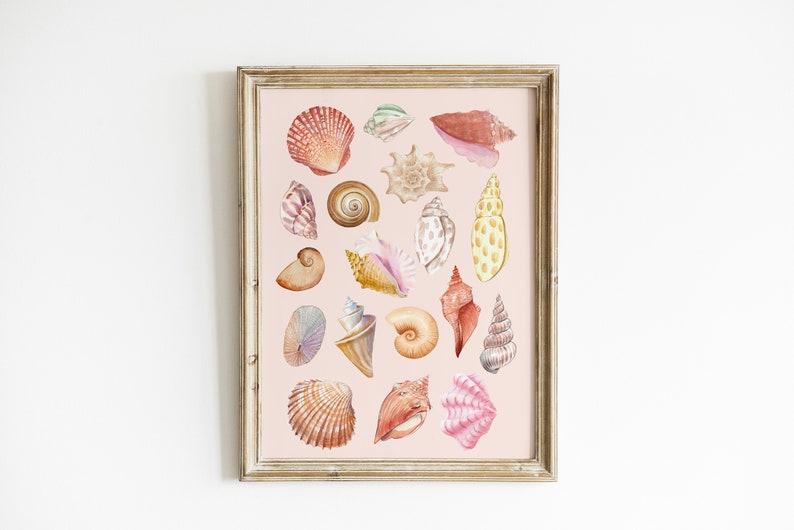 Watercolor Seashell Digital Art Print Illustration, Printable Wall Art Décor, Nautical Home Décor, Shells Poster,Ocean Beach Artwork image 4