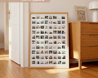May include: A large rectangular wooden frame containing a grid of sixty-three small square photographs arranged in nine rows and seven columns. The collage features various outdoor scenes and portraits, displayed on a white mat board.
