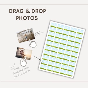 Op de afbeelding: Afbeelding met een witte achtergrond met de tekst "DRAG & DROP PHOTOS". Twee foto's worden naar een raster van kleine fotoplaatsaanduidingen gesleept. De tekst "Easy Drag and drop your picture in" is ook aanwezig.