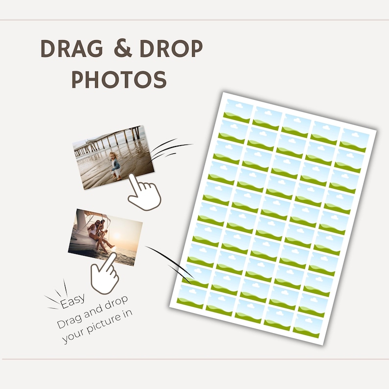 Op de afbeelding: Afbeelding met een witte achtergrond met de tekst "DRAG & DROP PHOTOS". Twee foto's worden naar een raster van kleine fotoplaatsaanduidingen gesleept. De tekst "Easy Drag and drop your picture in" is ook aanwezig.