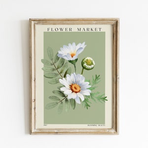 Digital Download Flower Market Print, Daisy Flower Art Print , Daisy Painting, Wildflower Poster, Botanical Poster, Sage Green Wall Art