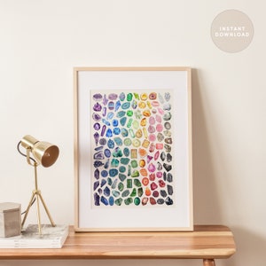 Digital Download Colorful Watercolor Gemstone Print, Minerals & Crystal Poster, Geology Poster, Mineralogy, Rock Poster, Maximalist Wall Art