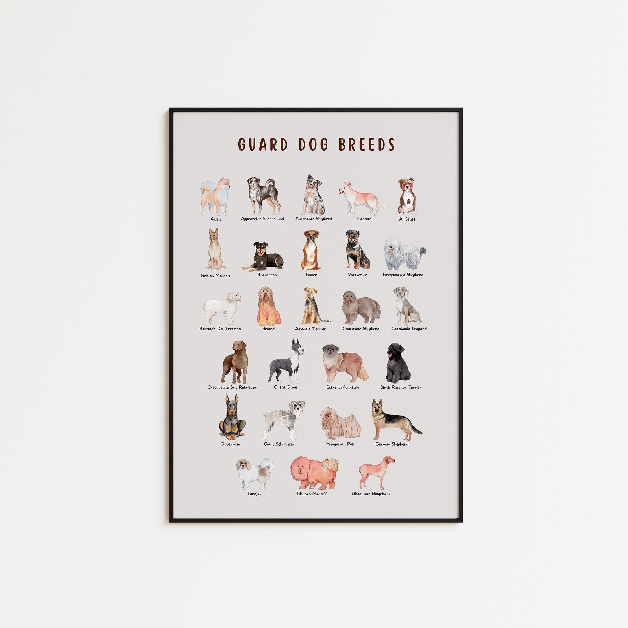 Guard Dog Breeds Watercolor Illustration Wall Art Print, Types of Dogs