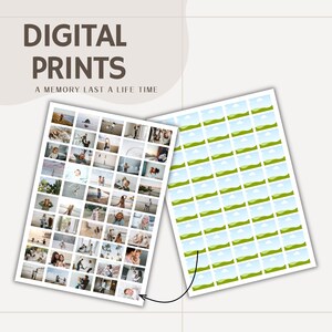 Op de afbeelding: Twee vellen digitale prints worden getoond. E&eacute;n vel toont een collage van familiefoto's, de andere een raster van landschapsafbeeldingen. De tekst "DIGITAL PRINTS" en "A MEMORY LAST A LIFE TIME" staan bovenaan.