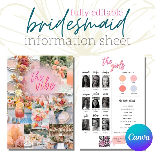 Bridesmaid Information Sheet Template Etsy