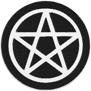 May include: Round black patch with a white pentagram design. The pentagram is enclosed within a white circle. The patch has a textured appearance, likely made of fabric.