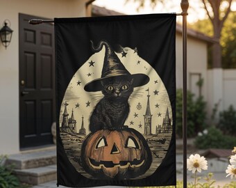 Halloween Black Cat Garden and Yard Flag: Vintage Witch Hat Kitty Flag
